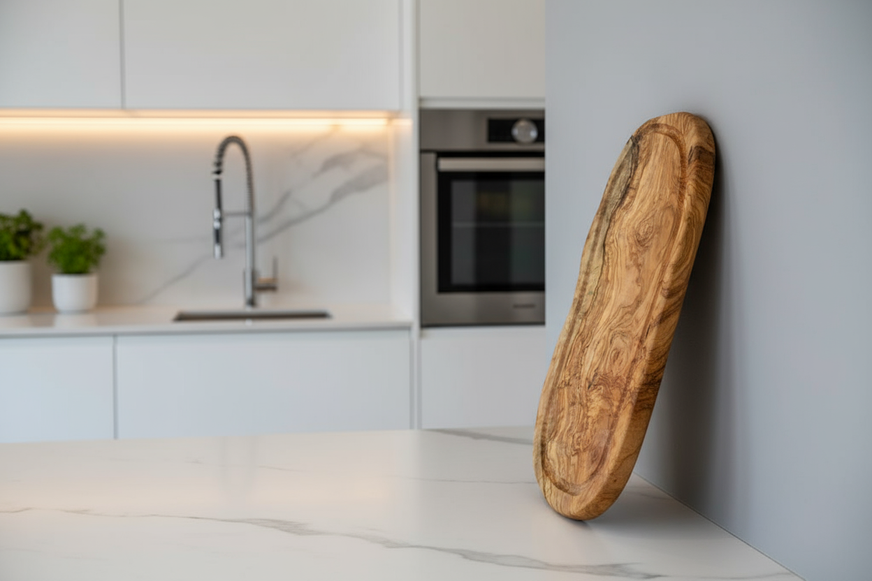 Live edge Chopping/Cutting board with juice groove approx. 40 — 44 cm olive wood
