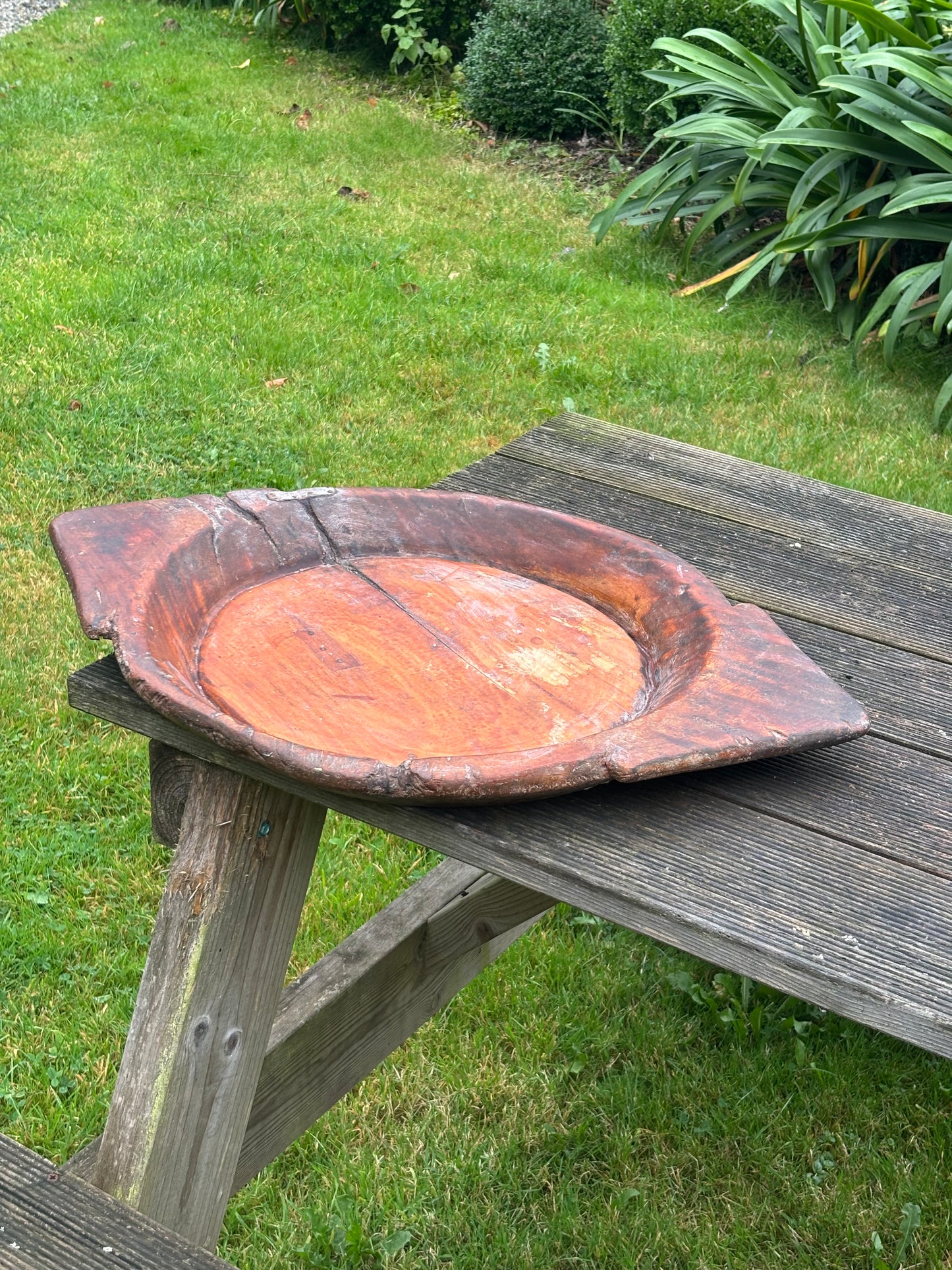 Antique Wooden Dough Bowl: Rustic Farmhouse Treen 67cm