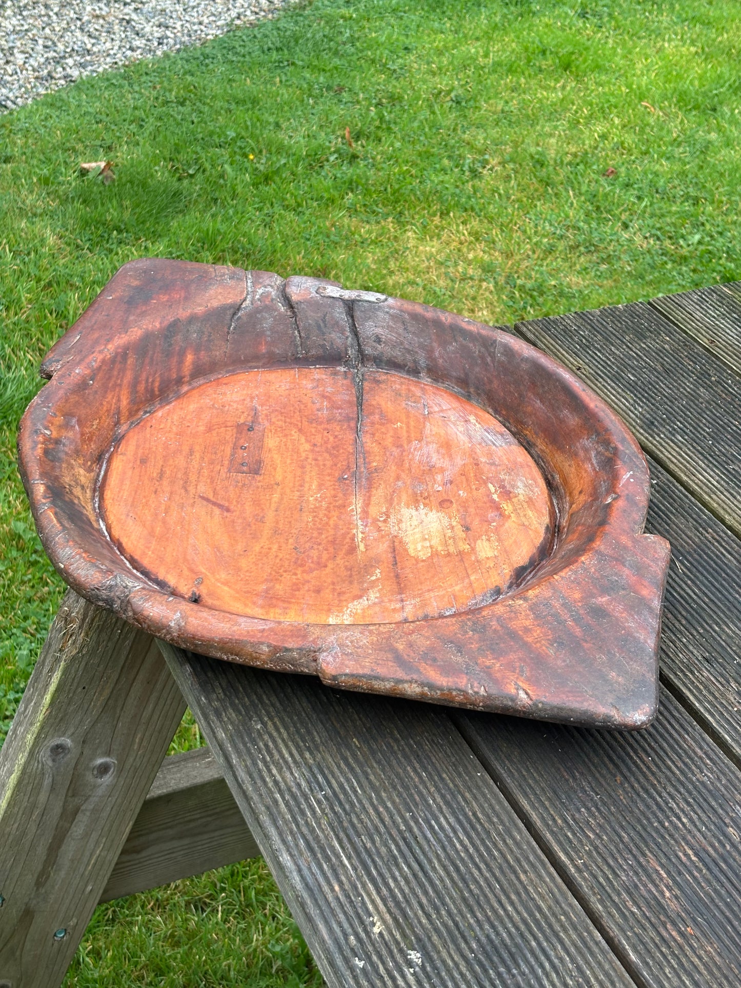Antique Wooden Dough Bowl: Rustic Farmhouse Treen 67cm