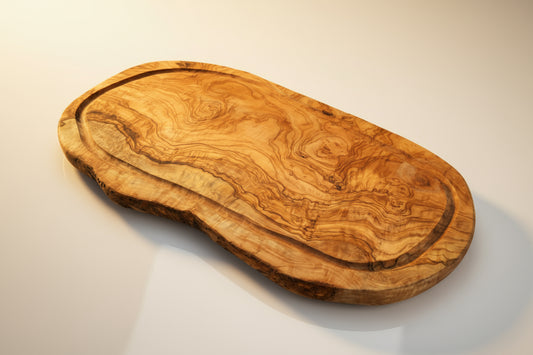 Live edge Chopping/Cutting board with juice groove approx. 40 — 44 cm olive wood